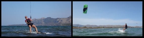 Svenja se lève sur la planche et commence le kitesurf à sa deuxième heur