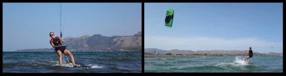 Svenja se lève sur la planche et commence le kitesurf à sa deuxième heur