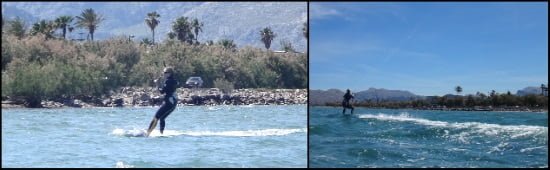 2 arriba en el kiteboard kitesurf en mallorca con Carolina 